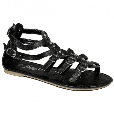 Sandals - 6-pair Leather Like Strapped Upper w/ Buckles - Black - SL-C1025BK